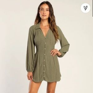 NWT Lulu’s Best Harvest Olive Long Sleeve Button-Up Mini Dress With Pockets